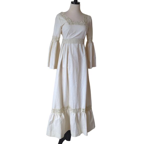 Couriers California Vtg 70s Cottagecore Prairie Maxi Dress Cream Lace Flare XS/S - Picture 7 of 12